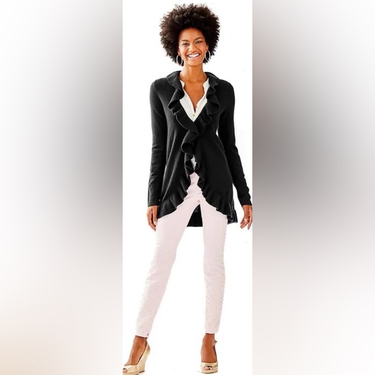 Lilly Pulitzer Women’s Black Cashmere Shere Ruffle Front Cardigan Sweater